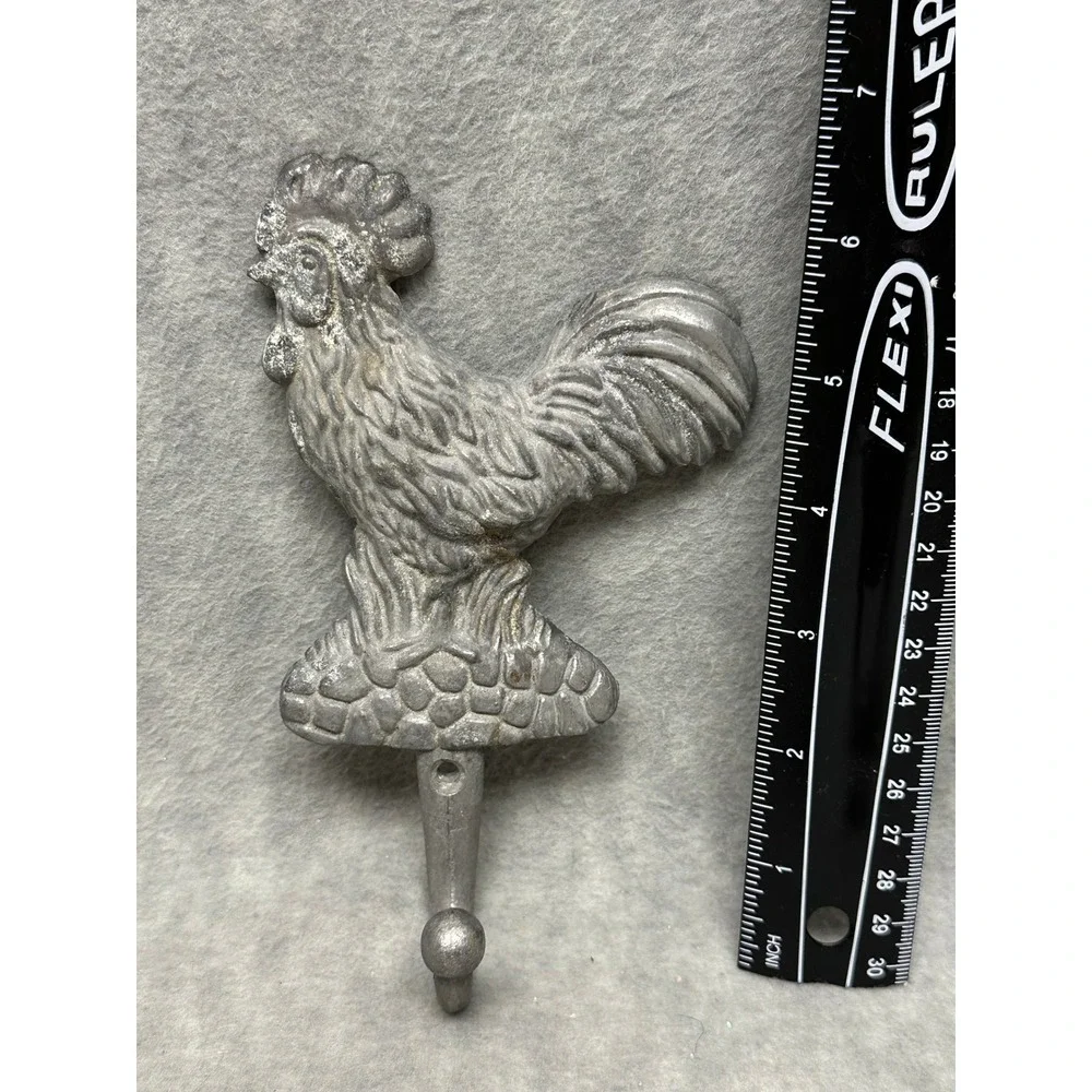 VTG Unbranded‎ Vintage Rooster Wall Hook Home Decor Silver Cast Metal Farmhouse